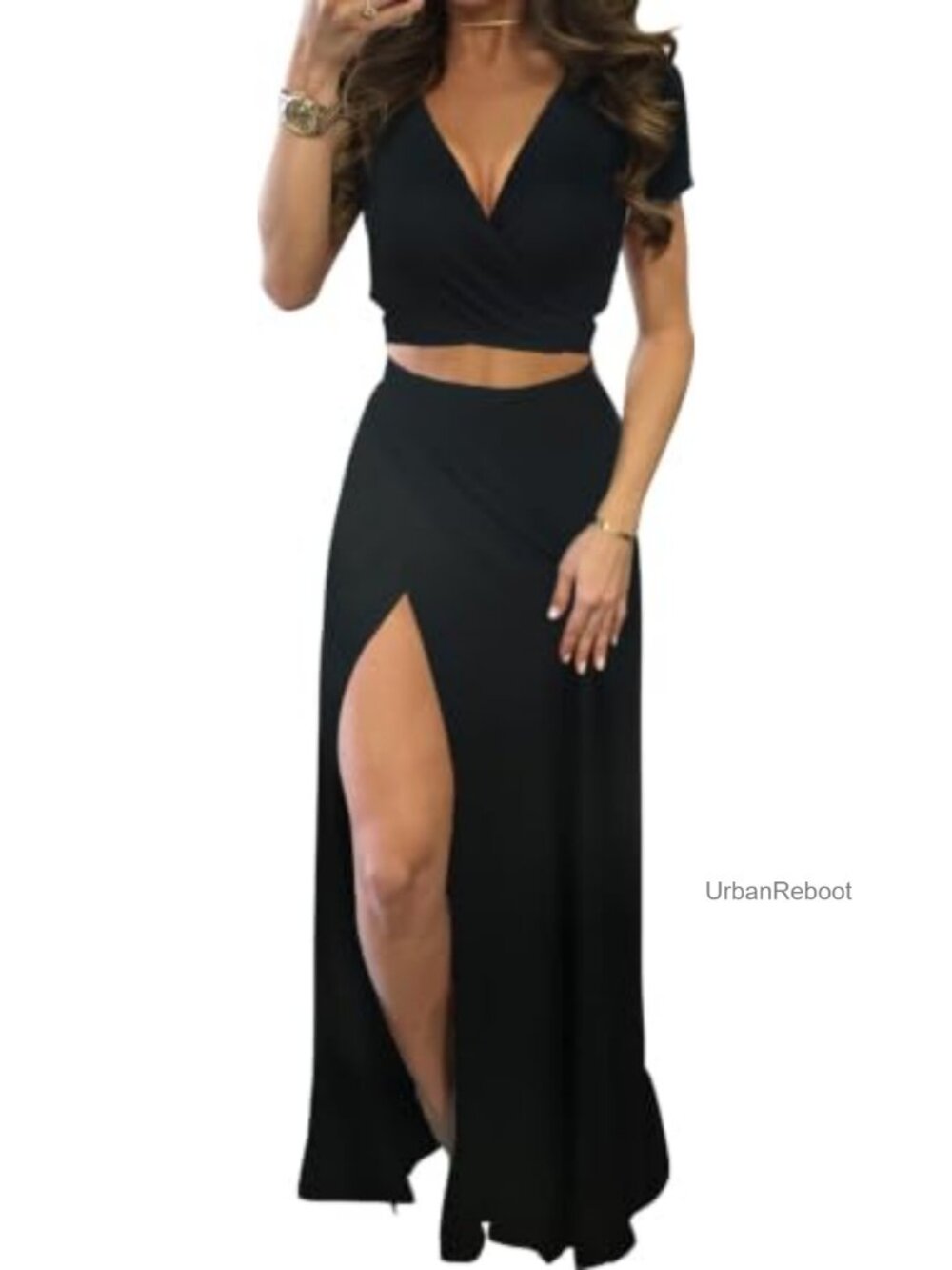 Two Piece Maxi Dress Set Crop Top High Split Skirt Boho Beach